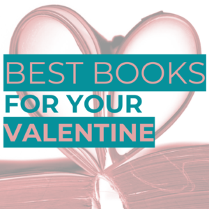 Heart-shaped designs with text "Best Books for Your Valentine" on a pink and white background.