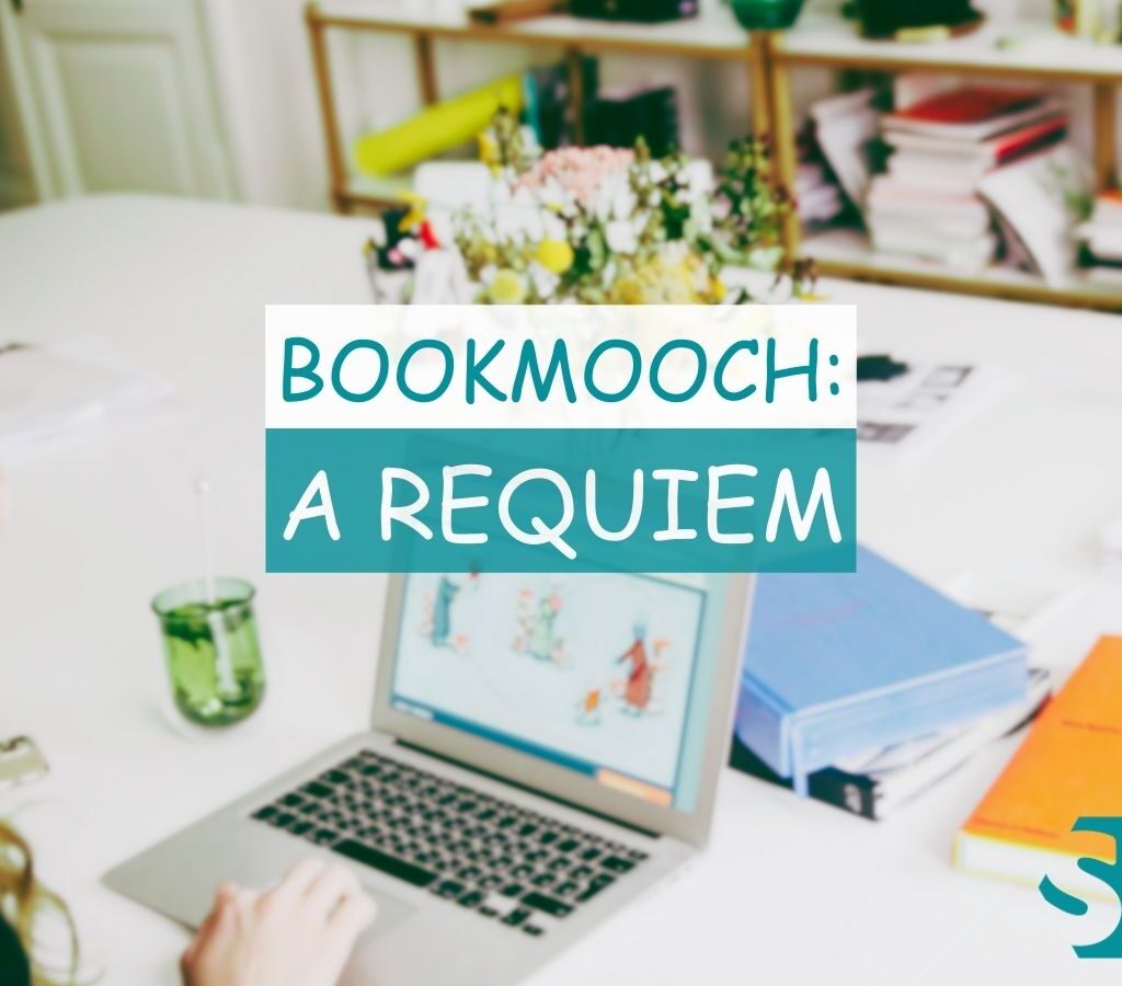 A person working on a laptop with the text 'An Ode to BookMooch' on the screen, surrounded by books on a white desk, with a text overlay saying 'An Ode to BookMooch' next to the Swampum logo.