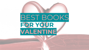 Heart-shaped designs with text "Best Books for Your Valentine" on a pink and white background.