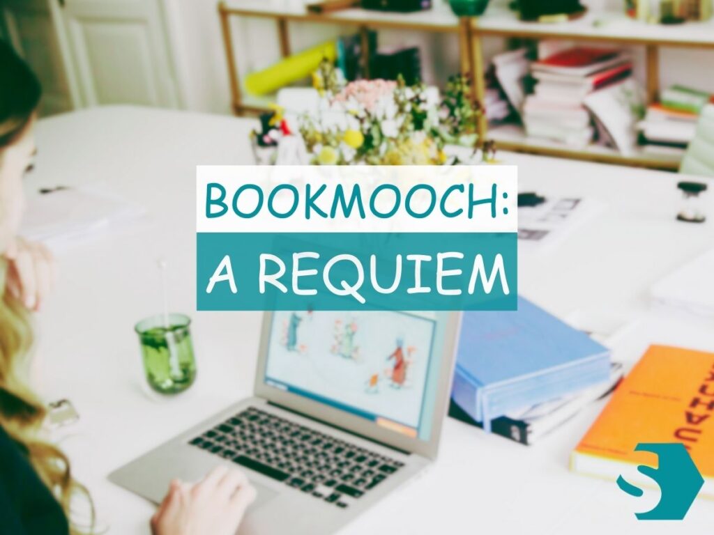 A person working on a laptop with the text 'An Ode to BookMooch' on the screen, surrounded by books on a white desk, with a text overlay saying 'An Ode to BookMooch' next to the Swampum logo.