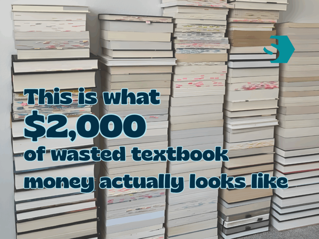 Stacks of used textbooks illustrating wasted textbook money, a reminder to build reuse habits for families and students