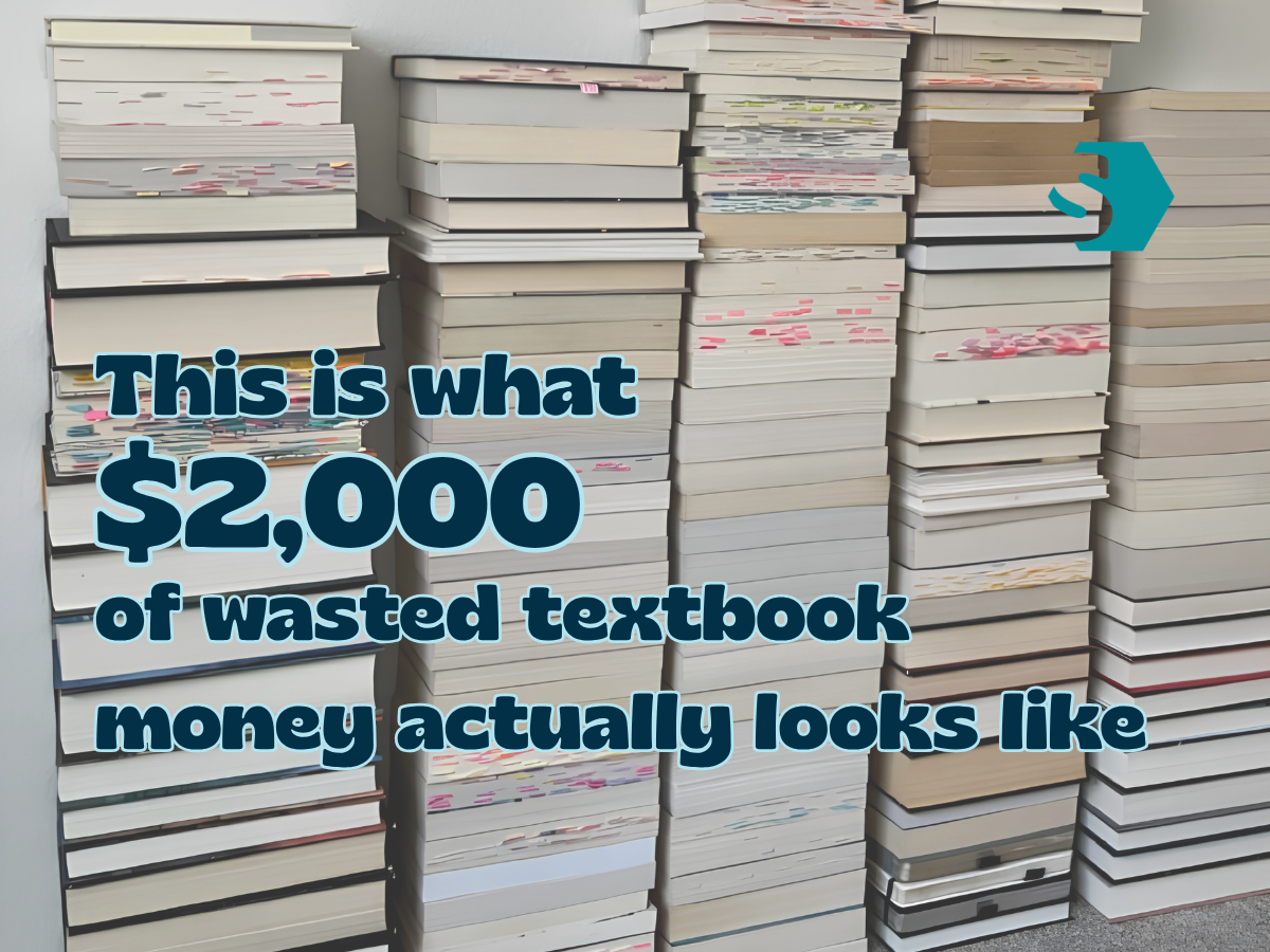 Stacks of used textbooks illustrating wasted textbook money, a reminder to build reuse habits for families and students
